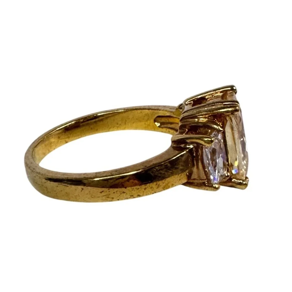 Gold Tone Champagne Emerald Cut Cubic Zirconia Three Stone Statement Ring Size 9